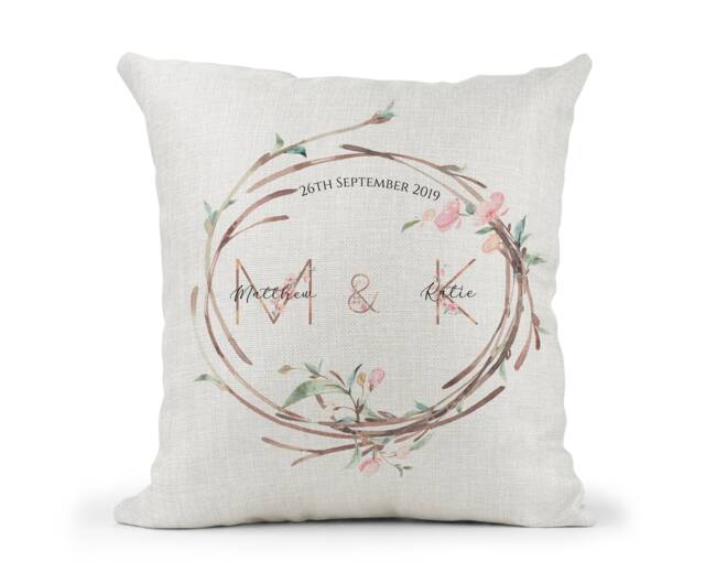 Personalised Pink & Gold Initials Cushion, Wedding Gift, Mr Mrs, Bride Groom, Husband Wife, Anniversary Keepsake, Letters - image 1