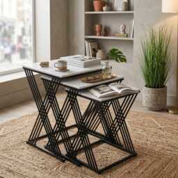 Romira White Marble Nest Of Tables Cross Leg Style