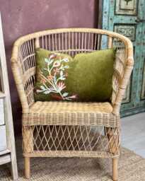 Embroidered Velvet Cushion Cover - Olive Green With Vintage Floral Detail - 40x60cm - thumbnail 1