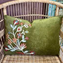 Embroidered Velvet Cushion Cover - Olive Green With Vintage Floral Detail - 40x60cm - thumbnail 2