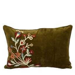Embroidered Velvet Cushion Cover - Olive Green With Vintage Floral Detail - 40x60cm - thumbnail 3
