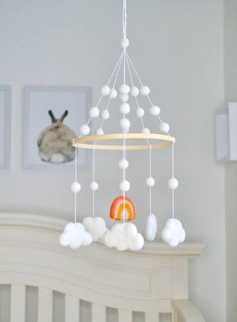 Rainbow Mobile, Clouds Mobile, Wool Felt Ball Baby Mobile, Nursery Decor, Felt - image 1