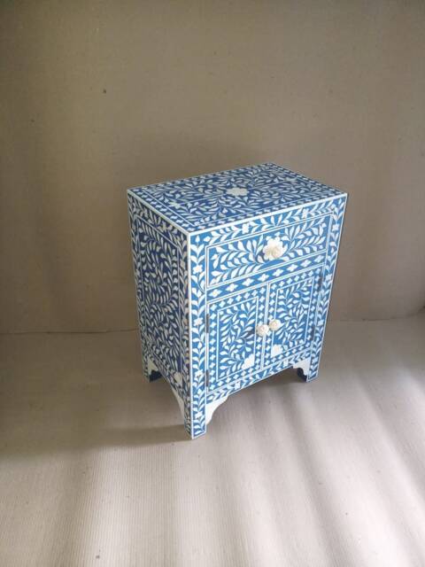Bone Inlay Blue Floral Pattern Bedside Table - image 1