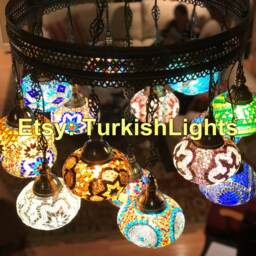 15 Ball Turkish Sultan Mosaic Chandelier, Large Globes - thumbnail 2