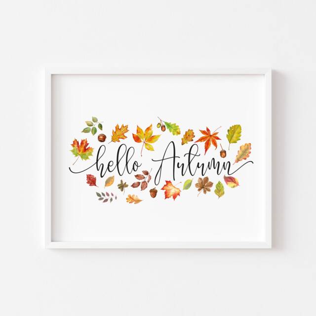 Hello Autumn Watercolour Print Fall Leaves & Acorns Wall Art - Unframed - image 1