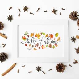 Hello Autumn Watercolour Print Fall Leaves & Acorns Wall Art - Unframed - thumbnail 2