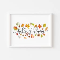 Hello Autumn Watercolour Print Fall Leaves & Acorns Wall Art - Unframed - thumbnail 1