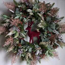 Christmas Wreath, Reindeer Wreath For Front Door, Blush Pink Glitter, Burgundy Holiday Wreath, Deer Wreath, Artificial Door Wreath, Stag - thumbnail 3