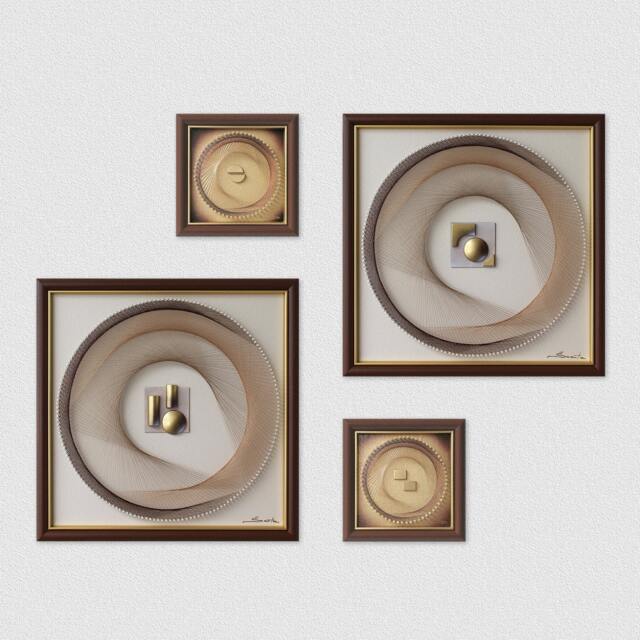 Natural Geometric String Art Set Of 4 - Elegant Brown & Gold, Mid-Century Modern Wall Decor - image 1