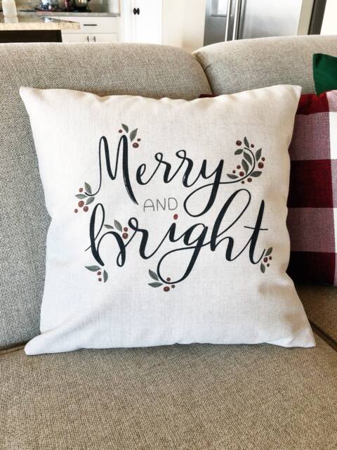 Merry & Bright Christmas Pillow Cover Rustic Linen Farmhouse Decor - image 1