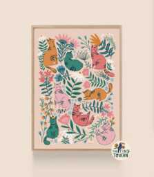 Cats Fine Art Print - A5, A4, A3 - Interior Decor - Plastic Free, Sustainable Gifting - Floral Wall Art - Maximal Decor - thumbnail 1