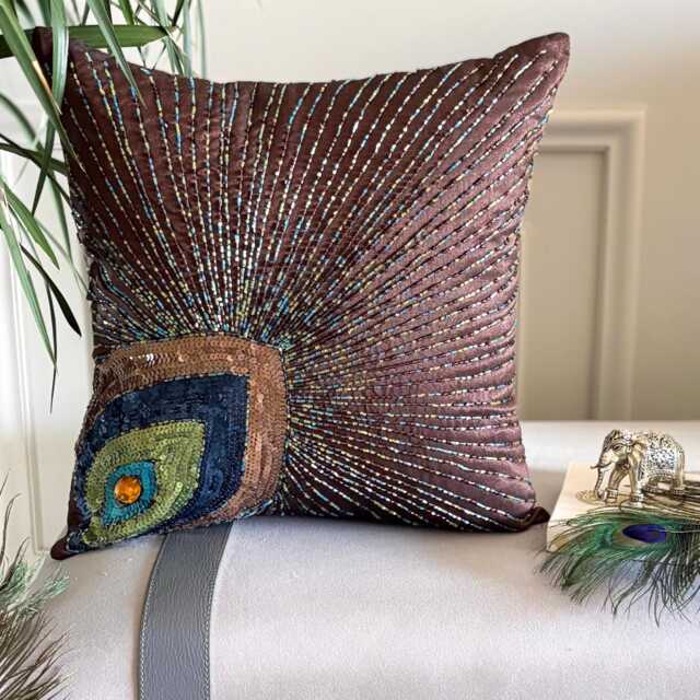 Brown Art Silk Beaded Birds Pattern Throw Pillow Cover, 16x16 Modern Cushion Cover - Peacock Sparkle - image 1