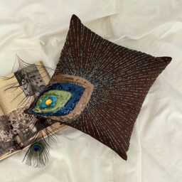 Brown Art Silk Beaded Birds Pattern Throw Pillow Cover, 16x16 Modern Cushion Cover - Peacock Sparkle - thumbnail 2