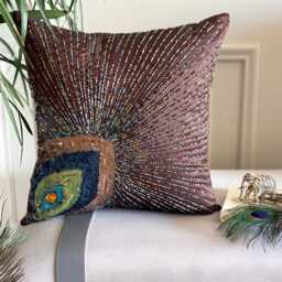 Brown Art Silk Beaded Birds Pattern Throw Pillow Cover, 16x16 Modern Cushion Cover - Peacock Sparkle