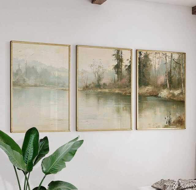 Forest Lake Trio, Misty Landscape Wall Art Set - image 1