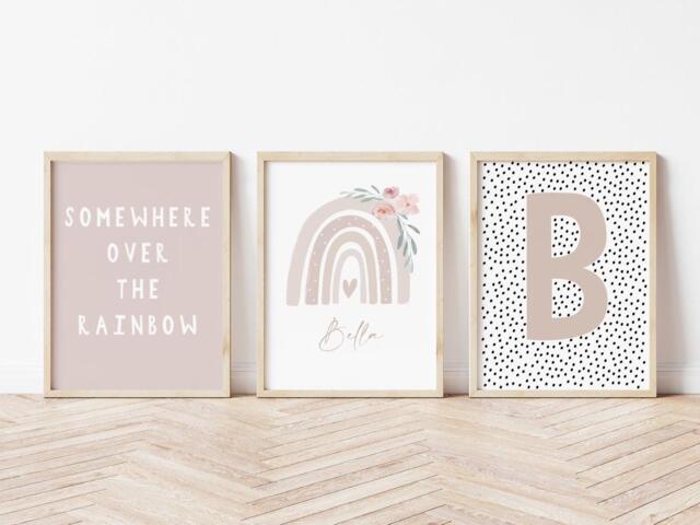 Neutral Beige Rainbow Initial Prints -Set Of 3, Baby Girl Print, Nursery Prints, Wall Art, Girls Bedroom, Playroom Room - image 1