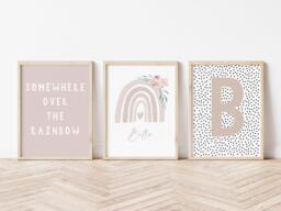 Neutral Beige Rainbow Initial Prints -Set Of 3, Baby Girl Print, Nursery Prints, Wall Art, Girls Bedroom, Playroom Room - thumbnail 1