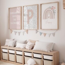 Neutral Beige Rainbow Initial Prints -Set Of 3, Baby Girl Print, Nursery Prints, Wall Art, Girls Bedroom, Playroom Room - thumbnail 2