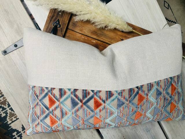 Blue & Orange, Linen, Velvet, Natural, Cushion, Pillow, Home Decor, Boho, Eclectic, Living Room, Bedroom, Kids/Nursery - image 1