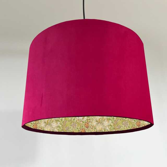 Cerise Pink Velvet Drum Lampshade/ Ceiling Shade William Morris Golden Lily Corn Interior - image 1