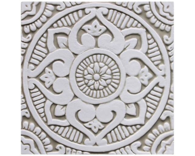 Handmade Carved Ceramic Tile Beige & White Mandala Wall Art - 20cm/7.9 - image 1