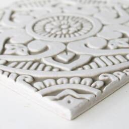Handmade Carved Ceramic Tile Beige & White Mandala Wall Art - 20cm/7.9 - thumbnail 2
