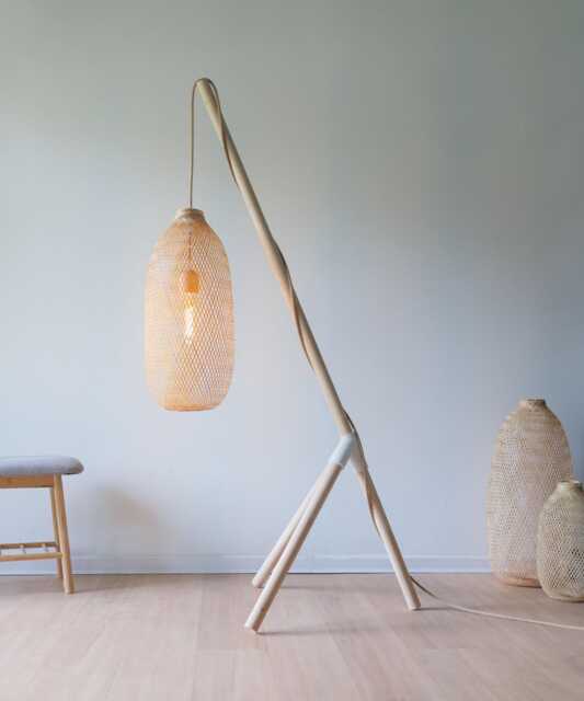 Minimal Wood Tripod Lantern, Scandinavian Wabi-Sabi Japandi Floor Lamp, Suspended Bamboo Basket Light Shade - image 1