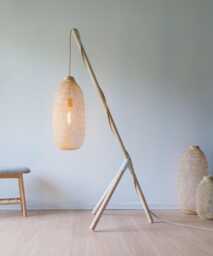 Minimal Wood Tripod Lantern, Scandinavian Wabi-Sabi Japandi Floor Lamp, Suspended Bamboo Basket Light Shade
