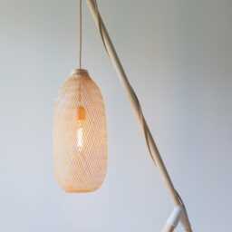 Minimal Wood Tripod Lantern, Scandinavian Wabi-Sabi Japandi Floor Lamp, Suspended Bamboo Basket Light Shade - thumbnail 2