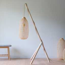 Minimal Wood Tripod Lantern, Scandinavian Wabi-Sabi Japandi Floor Lamp, Suspended Bamboo Basket Light Shade - thumbnail 3
