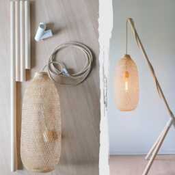 Minimal Wood Tripod Lantern, Scandinavian Wabi-Sabi Japandi Floor Lamp, Suspended Bamboo Basket Light Shade - thumbnail 4
