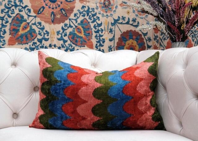 Handwoven Silk Velvet Ikat Pillow Cover - Rainbow Accent Cushion - image 1