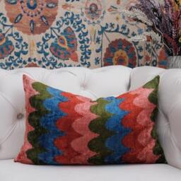 Handwoven Silk Velvet Ikat Pillow Cover - Rainbow Accent Cushion - thumbnail 2