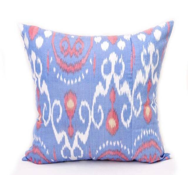Blue Ikat Pillow Cover, Handmade Silk Cotton Cushion - 20x20 In - image 1