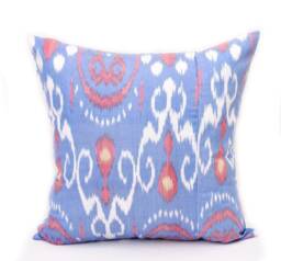 Blue Ikat Pillow Cover, Handmade Silk Cotton Cushion - 20x20 In - thumbnail 1