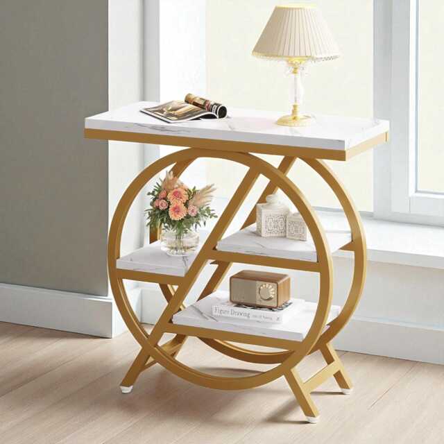 3-Tier Faux Marble End Table - White & Gold Narrow Side With Storage, Modern Sofa Geometric Metal Frame - image 1