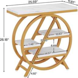 3-Tier Faux Marble End Table - White & Gold Narrow Side With Storage, Modern Sofa Geometric Metal Frame - thumbnail 2