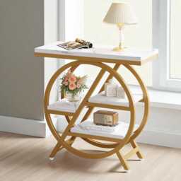 3-Tier Faux Marble End Table - White & Gold Narrow Side With Storage, Modern Sofa Geometric Metal Frame