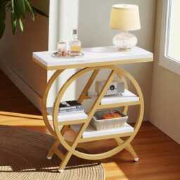 3-Tier Faux Marble End Table - White & Gold Narrow Side With Storage, Modern Sofa Geometric Metal Frame - thumbnail 3