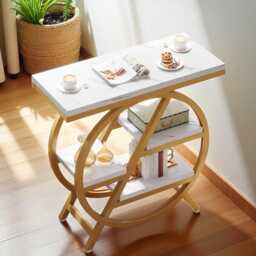 3-Tier Faux Marble End Table - White & Gold Narrow Side With Storage, Modern Sofa Geometric Metal Frame - thumbnail 4