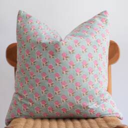 Block Print Pillow Cover Floral Batik, Boho Farmhouse Decor - thumbnail 2