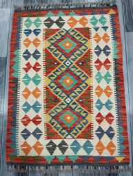 Tribal Kilim Rug, Handmade Artisan Afghan Turkish Scandinavian Navajo Bohemian Flatweave Wool Rug 117x83 cm - thumbnail 1