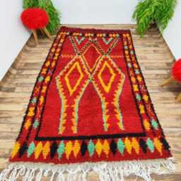 Red Beni Ourain Rug Authentic Moroccan Wool Rug, Handmade - thumbnail 3