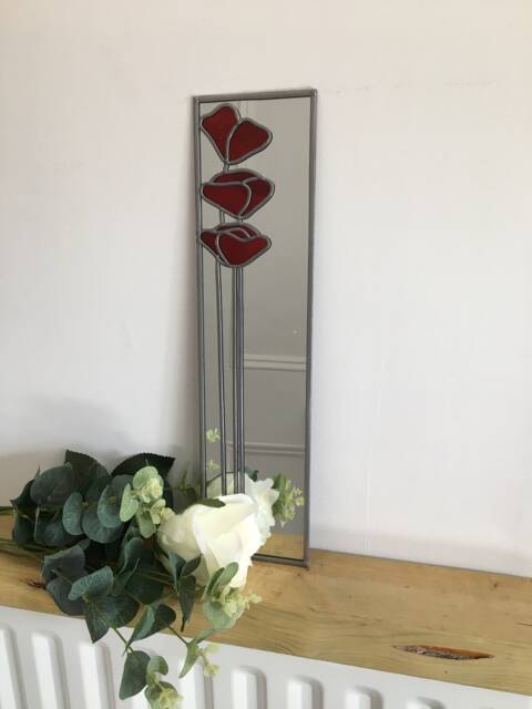 Poppy 3 in Red Mackintosh Style Stained Glass Effect Mirror Handmade Gift Catfish Glass Art Nouveau 10x40cm - image 1