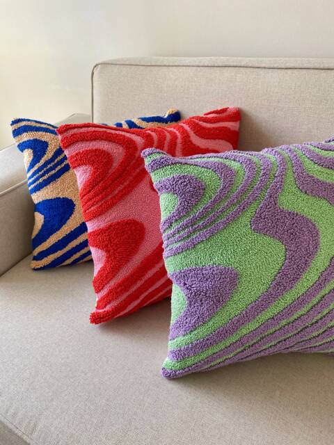 Hand Tufted Punch Needle Pillow Cover, Decorative Embroidered Cushion Cover, Y2K Vibrant Wavy Lines, Fun Home Decor Rug, Psychedelic Printed - image 1