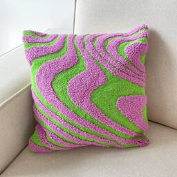 Hand Tufted Punch Needle Pillow Cover, Decorative Embroidered Cushion Cover, Y2K Vibrant Wavy Lines, Fun Home Decor Rug, Psychedelic Printed - thumbnail 3