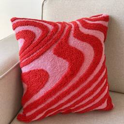 Hand Tufted Punch Needle Pillow Cover, Decorative Embroidered Cushion Cover, Y2K Vibrant Wavy Lines, Fun Home Decor Rug, Psychedelic Printed - thumbnail 2