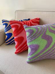 Hand Tufted Punch Needle Pillow Cover, Decorative Embroidered Cushion Cover, Y2K Vibrant Wavy Lines, Fun Home Decor Rug, Psychedelic Printed - thumbnail 1