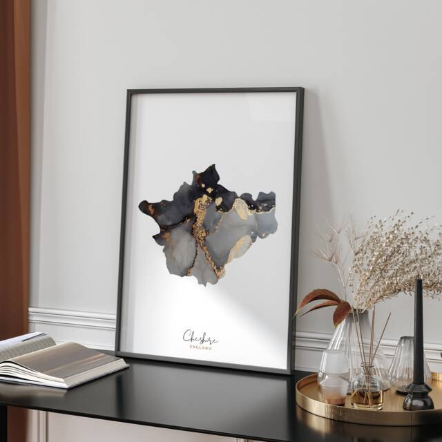 Cheshire Map Black & Gold Wall Art Print - England United Kingdom Great Britain - image 1