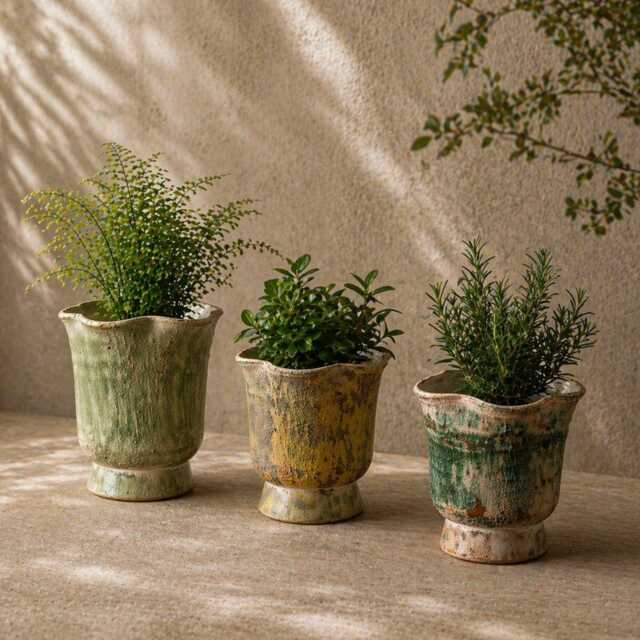 Rustic Ceramic Plant Pot, Distressed Planter, Petal Shaped Textured Sage Green Planter With Drainage, Country Style Home Decor Gift - image 1
